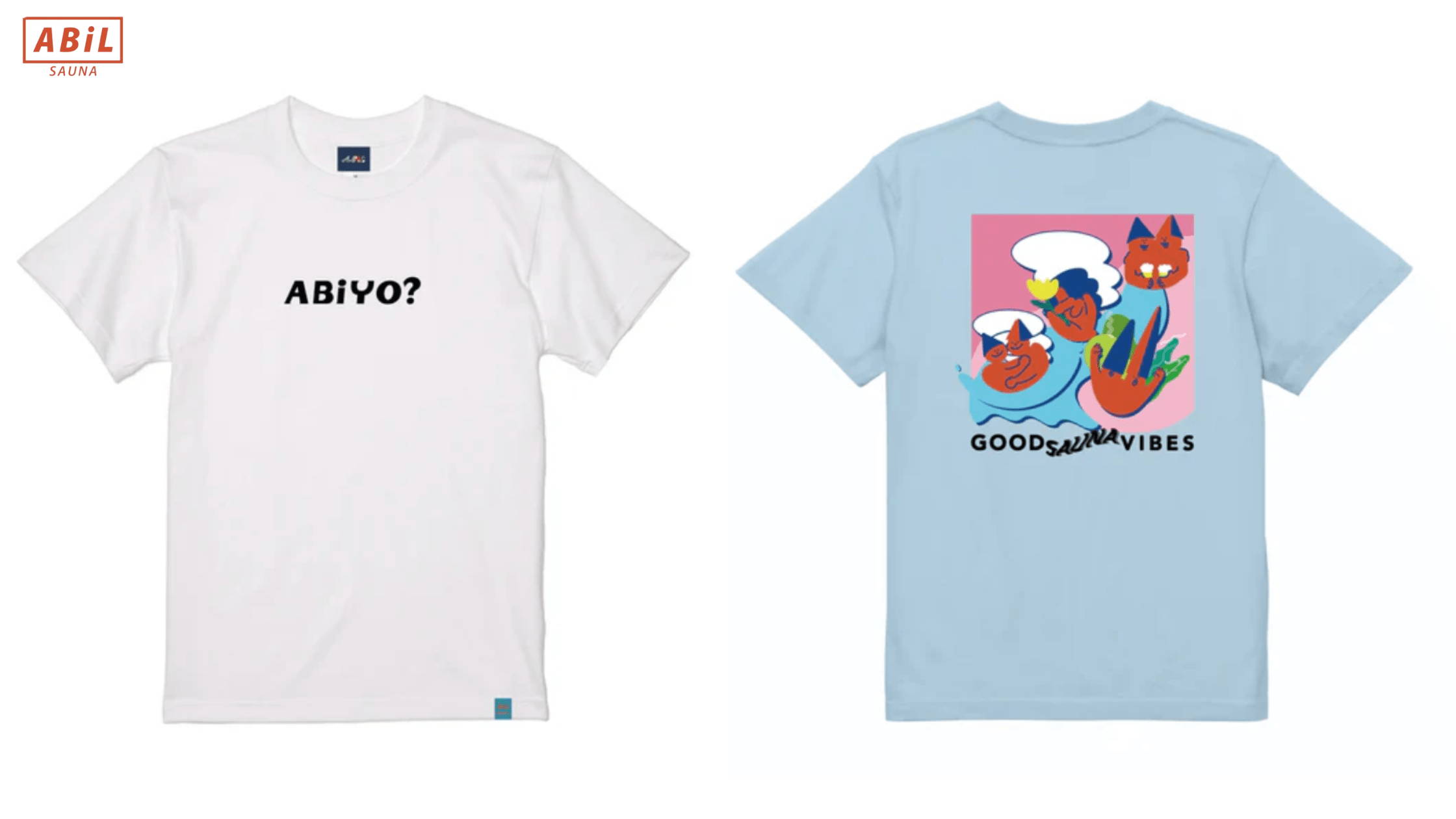ABiYO?Tシャツのフロントとバックデザイン。シンプルなロゴとポップなバックプリント