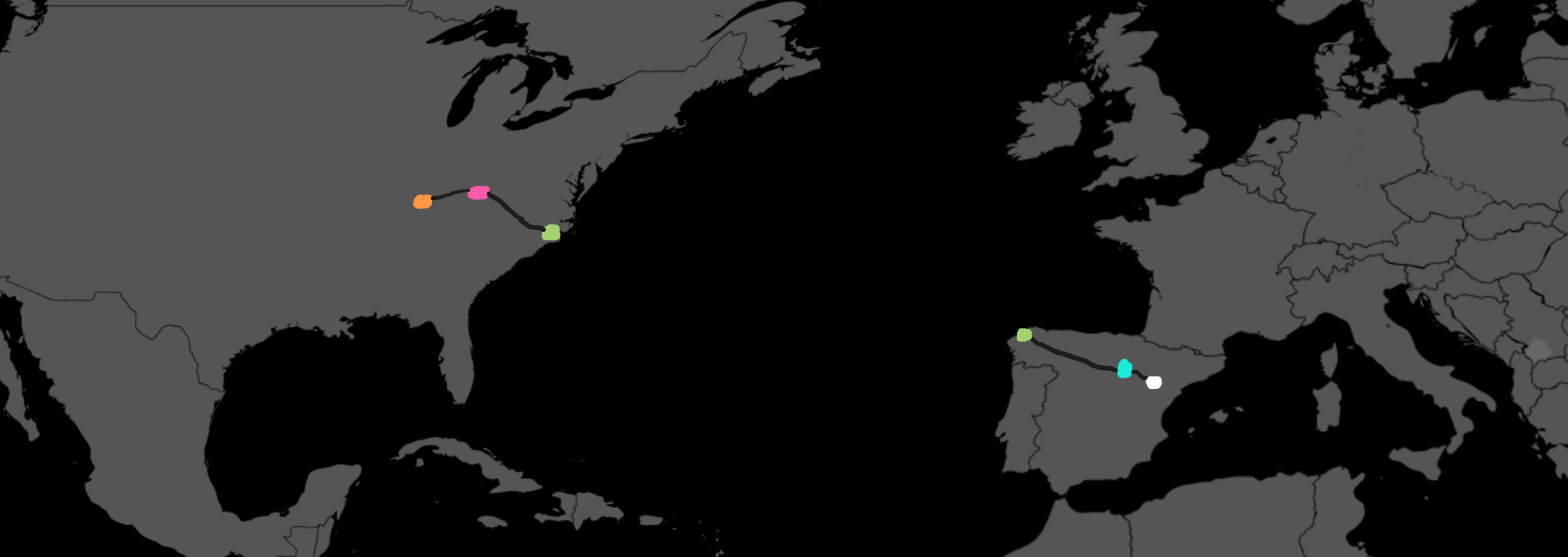 World map, where the Google server and its network is in America, while the home network is in Europe
