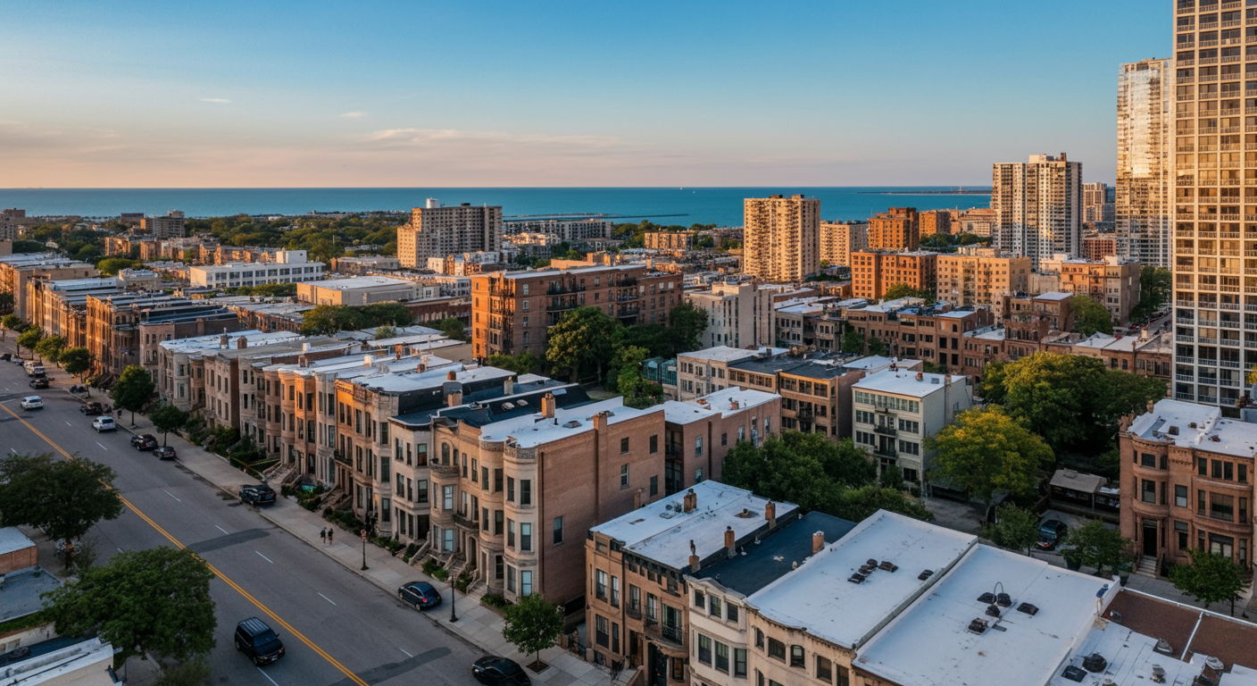 Aerial view of Gold Coast's historic brownstones and luxury high-rises at sunset, showing the neighborhood's architectural diversity with Lake Michigan visible in the background. The scene captures tree-lined streets with well-maintained facades and manicured gardens, illustrating the premium real estate that drives the area's competitive market.