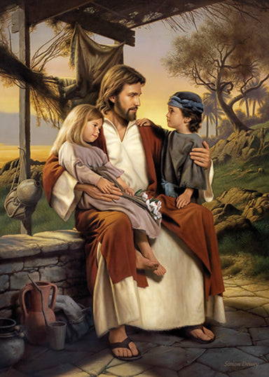 Jesus interacting with two children.