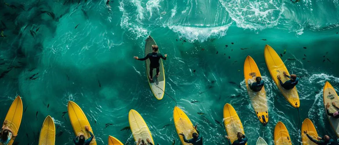 Physical therapist demonstrating surfing technique to a group in clear blue waters