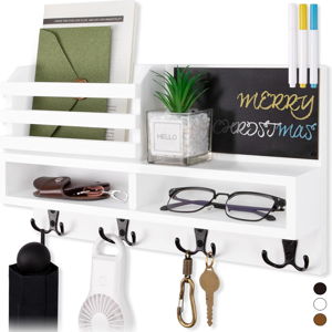Key Holder for Wall, Wall Mounted Mail Holder Wooden with Shelf & 3 Liquid Chalks & Chalkboard, Mail Sorter Organizer, Rustic Home Decor - Entryway Living Room (15.98”W x 9.1”H x 3.3”D), White
