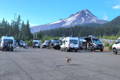 Camper Vans gathered at a campfire at sunset