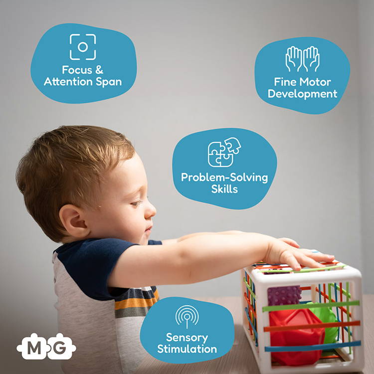 Infographic showing benefits of the Montessori Shape Blocks toy and a little boy playing with it in the background.
