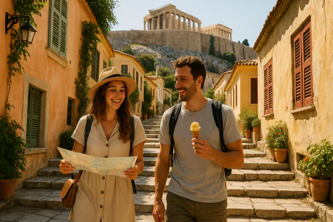 Smiling couple walking up stone steps in a narrow street in Athens, looking at a map with the ancient Acropolis visible on the hill.