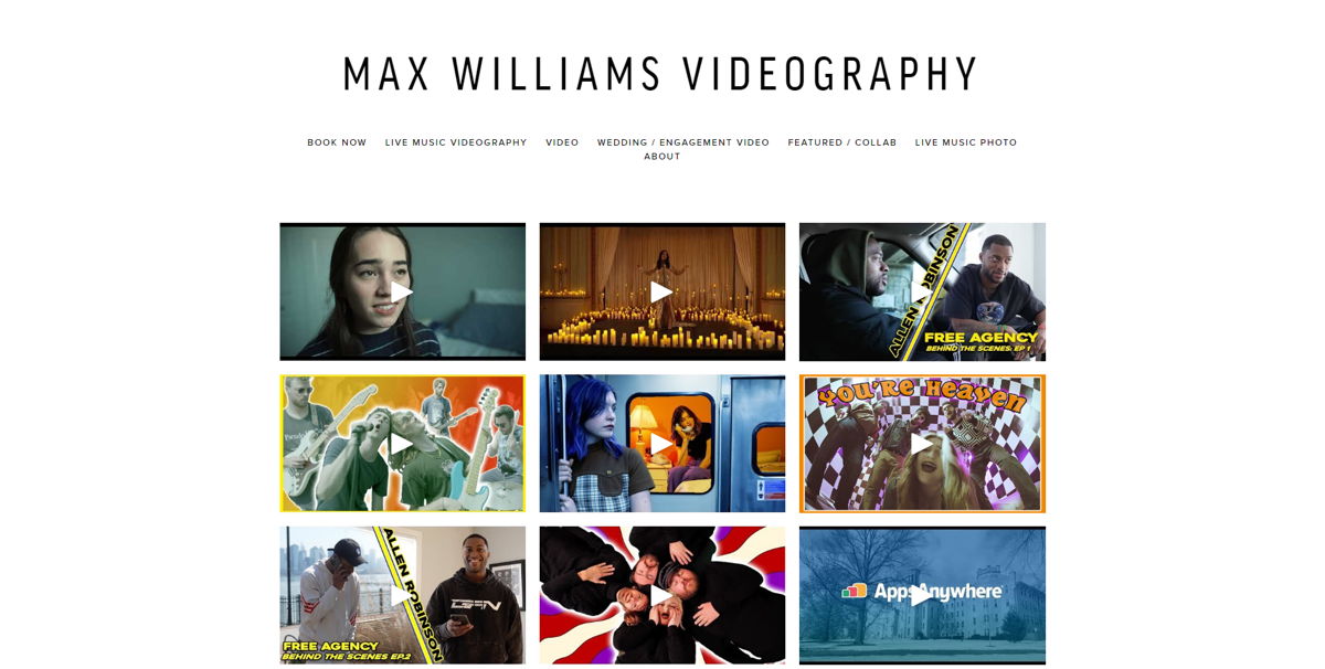 Screenshot of Max Williams Videography, from the videography websites collection.