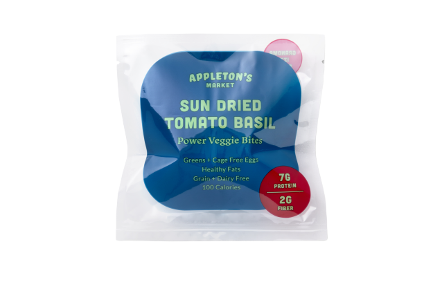 Appleton's Market Sun Dried Tomato Basil Power Veggie Bites in package - full of cage free eggs, sun-dried tomatoes,  broccoli, kale, carrots, chickpea flour, quinoa paleo and keto friendly gluten free grain free dairy free