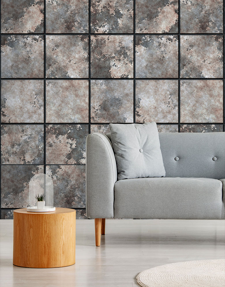 Feathr Brown Industrial Tile Wallpaper design image