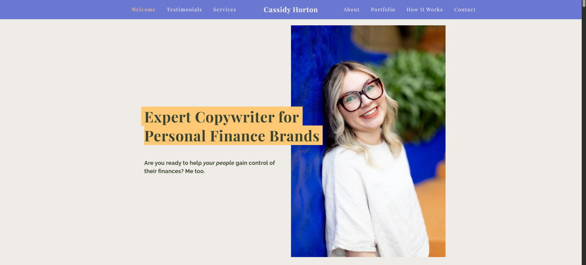 Screenshot of Cassidy Horton, from the content marketing portfolios collection.