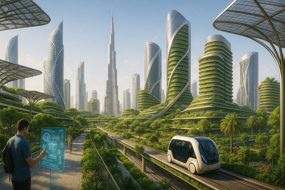 Futuristic city with green buildings and elevated transit. A person views a holographic interface, and an automated pod vehicle moves on tracks.
