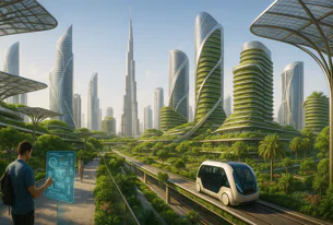 Futuristic city with green buildings and elevated transit. A person views a holographic interface, and an automated pod vehicle moves on tracks.
