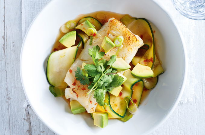 Pan-Fried Cod with Ginger, Zucchini and Avocado