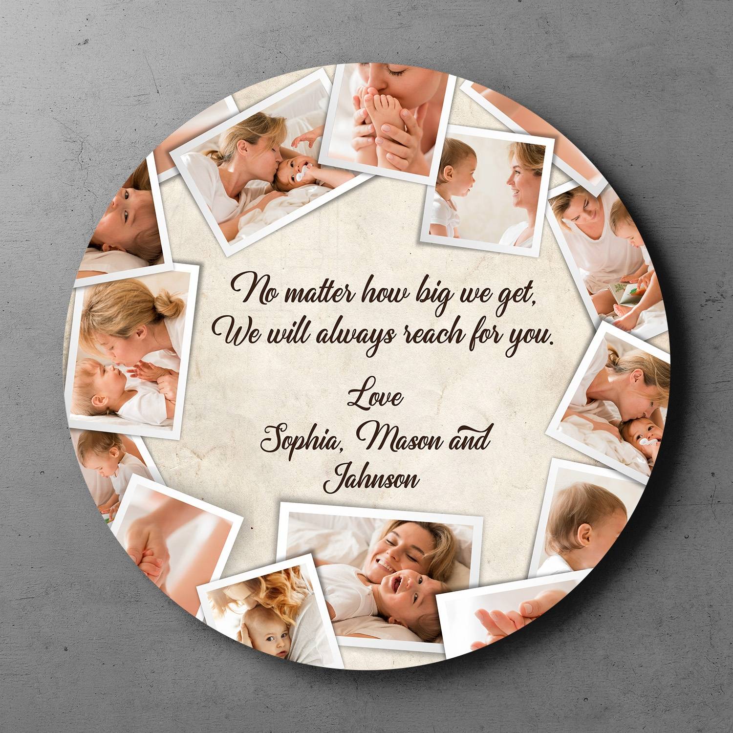 The round wood sign offers you to add photos, names and text. With the elegant design, it's gonna be her favorite home decor.