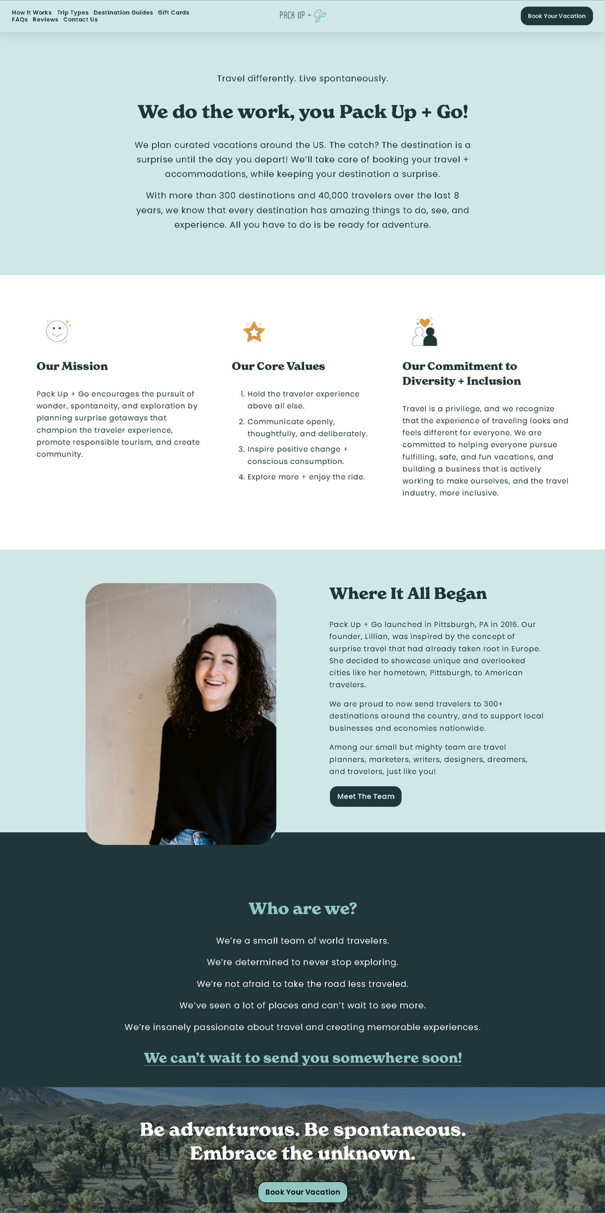 Screenshot of Pack Up + Go, from the about us page examples collection.