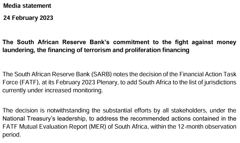 South African Reserve Bank (SARB) Statement