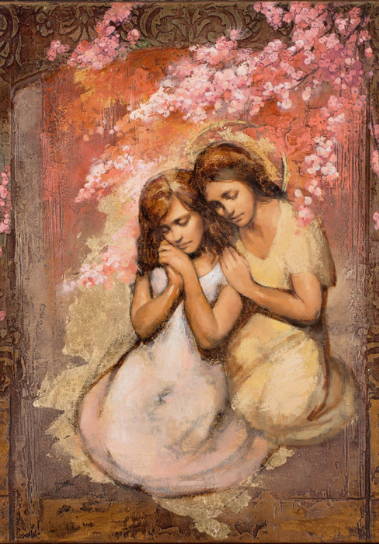 An angel comforting a praying girl. 