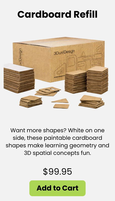 Cardboard Refill box with assorted 3DuxDesign die-cut cardboard shapes for classroom STEM projects hands-on building geometry activities and 3D modeling for PreK–12.