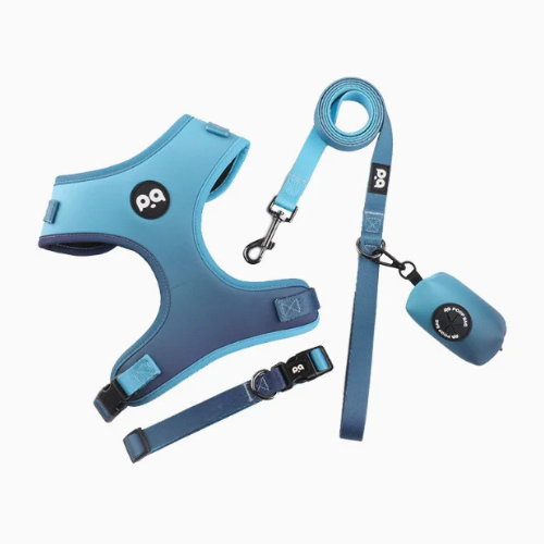 Blue Adjustable Soft Pet Harness with Leash & Poop Bag Dispenser