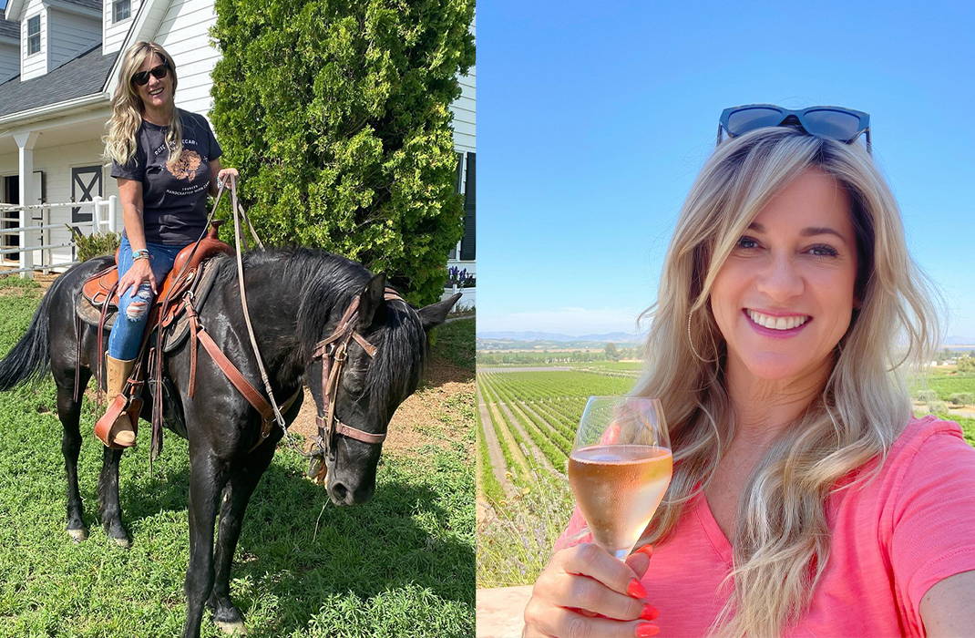 Wig ambassador Susan Cook enjoying outdoor activities, like horse riding and wine tasting, in California Beach Waves by Tressallure.