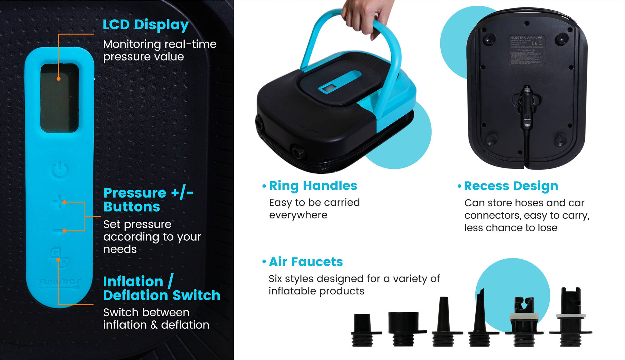 There are many creative designs on Funwater in/deflatable electric pump for the convenience of customers