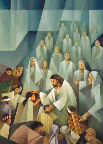 Geometric painting of Jesus blessing the children in the Book of Mormon. Angels fill the background.