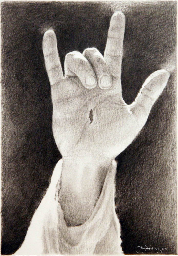 A charcoal drawing of Jesus' scarred hand signing "I Love You". 