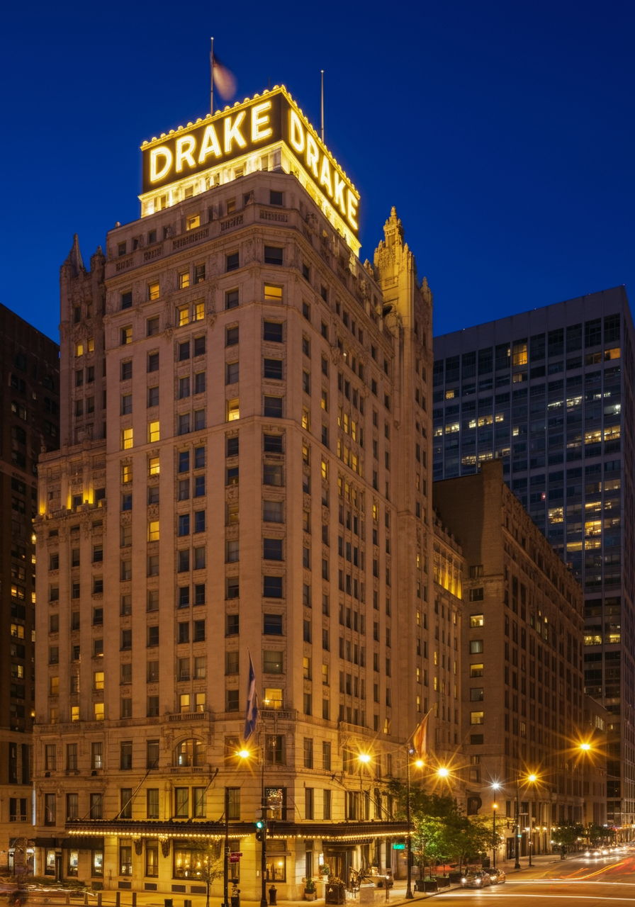 The iconic Drake Hotel with its distinctive sign illuminated against an evening sky. The beaux-arts building stands as a landmark of Gold Coast luxury and history, representing the neighborhood's enduring elegance and status as a premier Chicago destination.