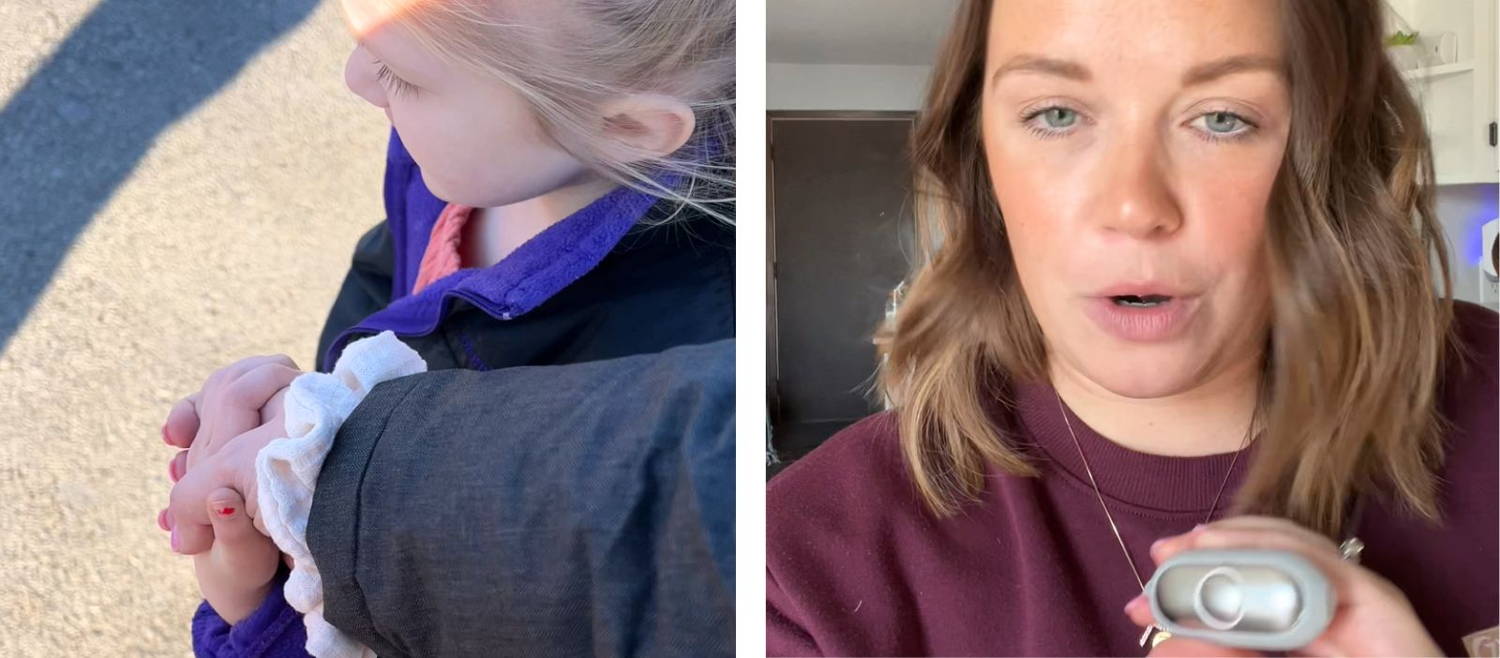 Child wearing CalmCarry on the wrist while a parent shows the device