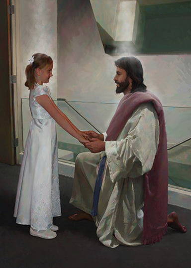 Jesus speaking to a boy in front of a baptismal font.