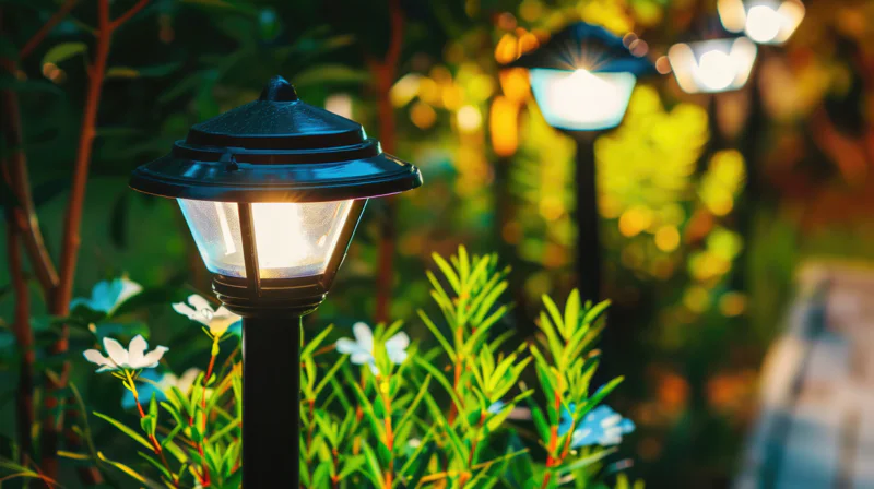 Garden path lights at night with white flowers and some shrubs.