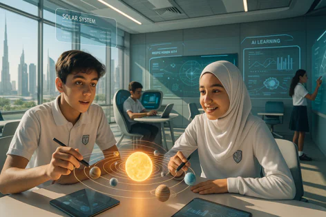 Two diverse students, a boy and a girl in a hijab, use tablets to interact with a holographic solar system in a futuristic classroom overlooking a city.