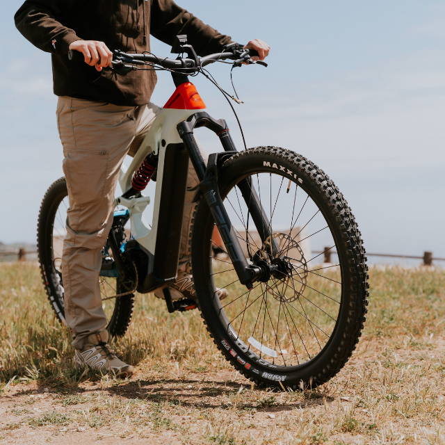 Electric mountain bike and rider