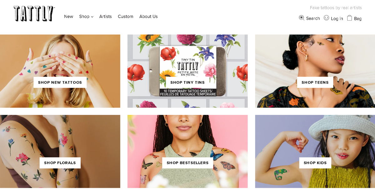 Screenshot of Tattly, from the tattoo websites collection.