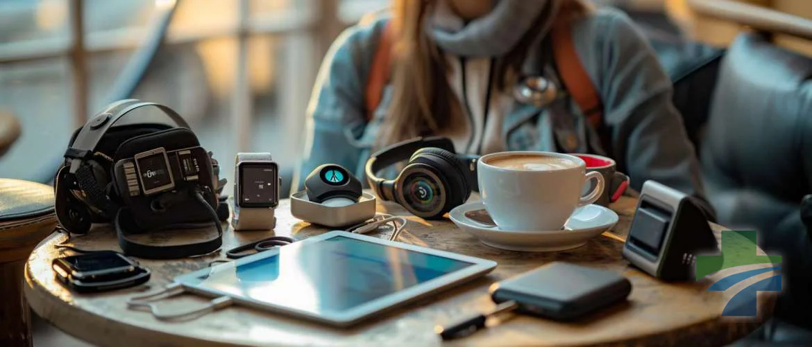 Travel nurse's essential tech gadgets laid out on a cafe table during a morning break.