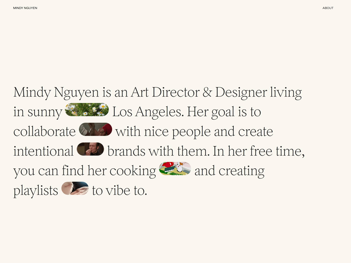 Screenshot of Mindy Nguyen, from the squarespace portfolio examples collection.