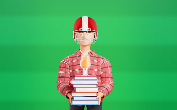 Cartoon man wearing a football helmet holding a pile of books with a cocktail glass on top (preview)