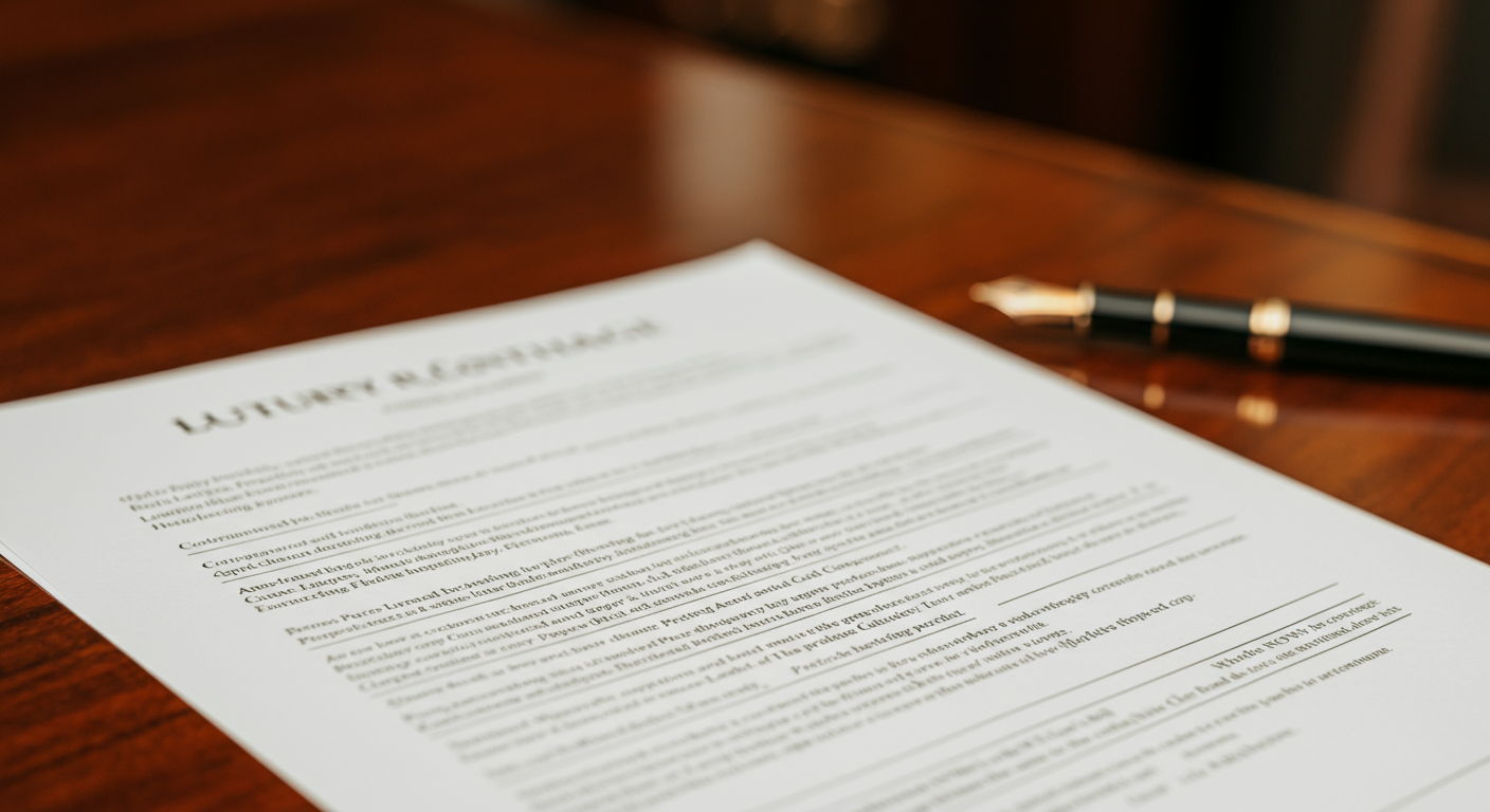 A close-up of a luxury real estate purchase contract for a Gold Coast property, showing key sections highlighted including earnest money amount, financing terms, and contingency clauses. The document rests on a mahogany desk with a fountain pen nearby, illustrating the formal nature of these high-value transactions and the importance of scrutinizing contract details.