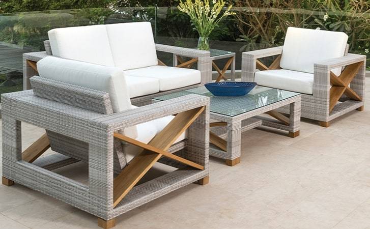 Kingsley Bate Jupiter Teak and All Weather Wicker Outdoor Patio Seating Love Seat Club Chairs and Coffee Table Collection