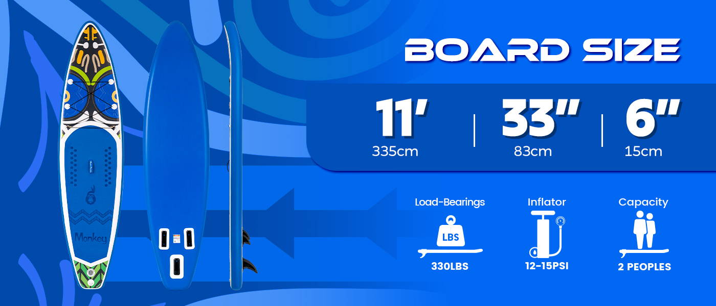 Monkey stand up paddle board size is 11' length, 33" width. load-bearings is 330LBS, inflator is 12-15PSI, capacity is 2 peoples