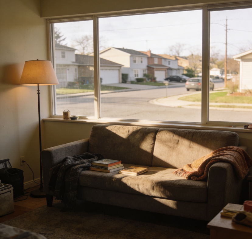 Interior photograph of a cozy furnished rental living room with a comfortable sofa, floor lamp, and a few personal items like books and a throw blanket. Large window reveals a suburban street view. Soft diffused afternoon light, lived-in but temporary feeling, 35mm lens, warm inviting atmosphere with earth tone palette.
