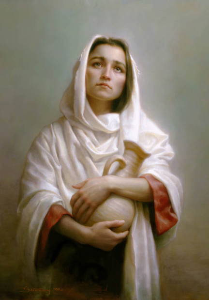 Biblical woman holding a clay water basin.