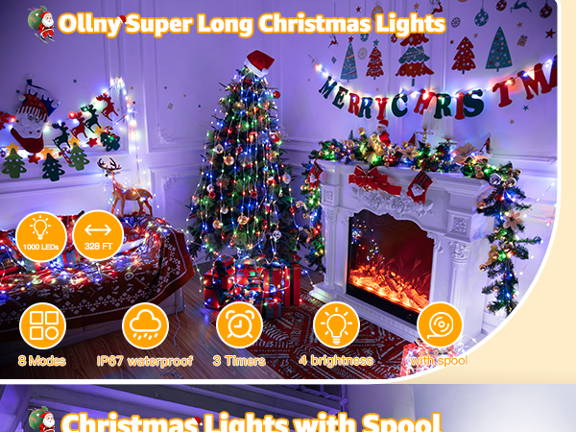 Features of Ollny's 800 leds clear cable cool white string lights - mobile size