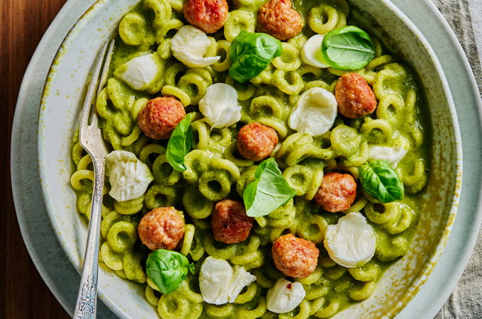 Broccoli Pesto Pasta with Sausage Meatballs and Bocconcini