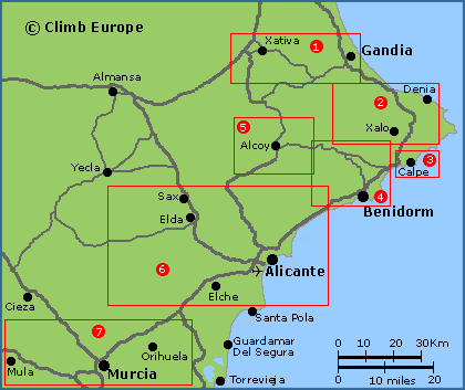 Map of the Rock climbing areas within Costa Blanca