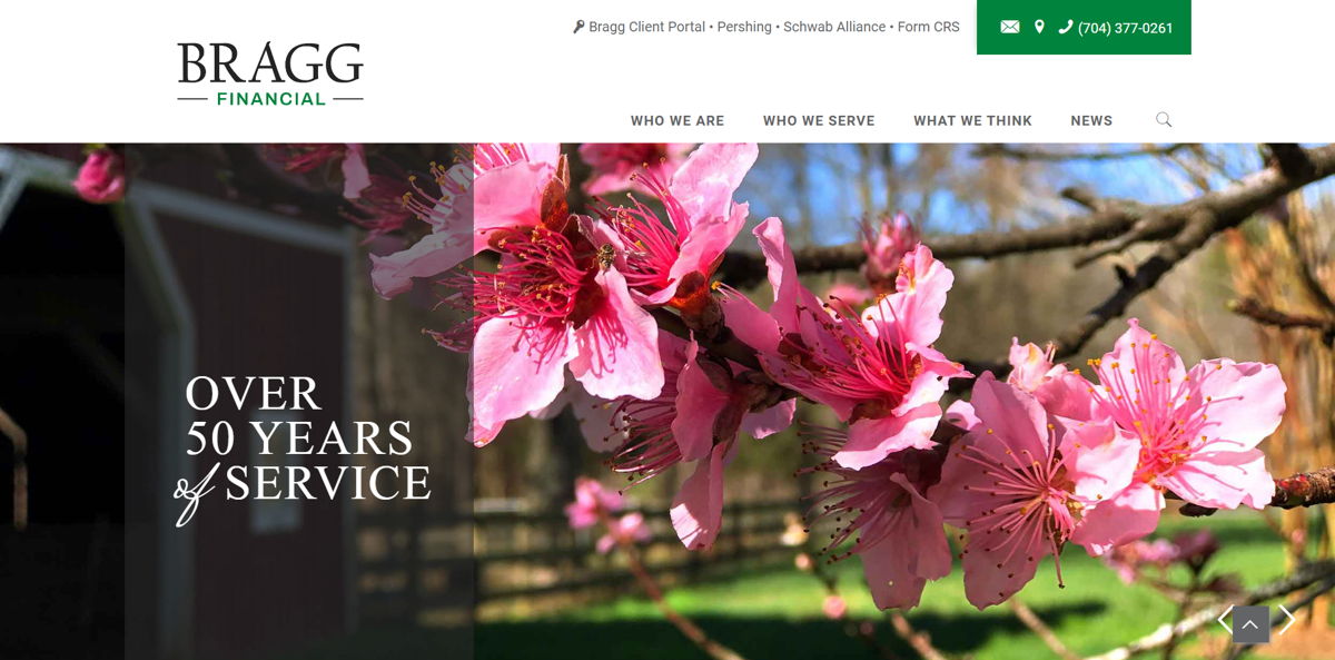 Screenshot of Bragg Financial, from the financial advisor websites collection.