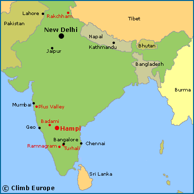 Map of the main rock climbing areas in India