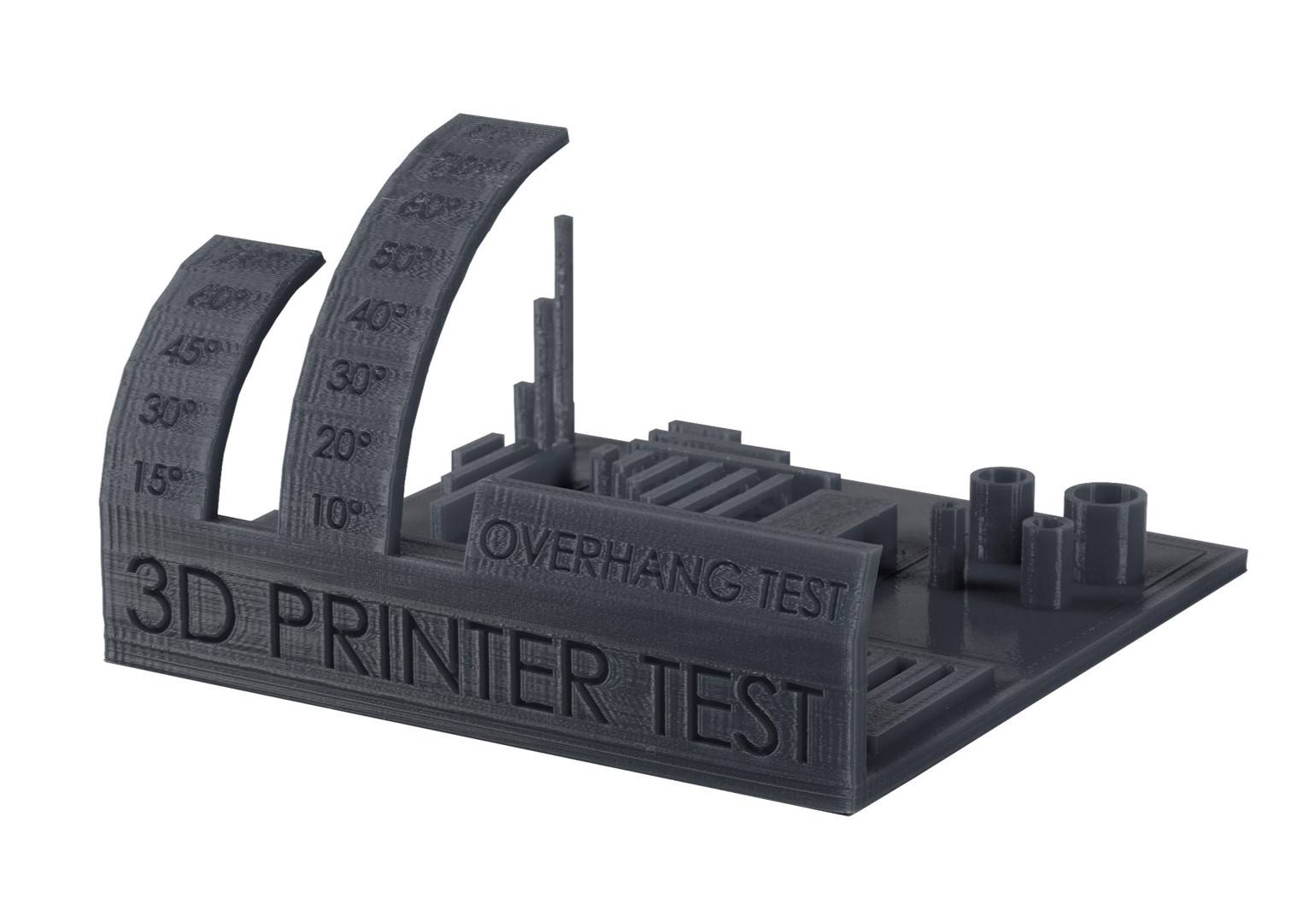 3D printed stress test model in grey filament printed on Dremel 3D40-FLX 3D printer