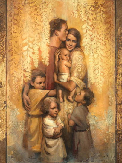 Stucco painting of a family with many kids embracing each other. 