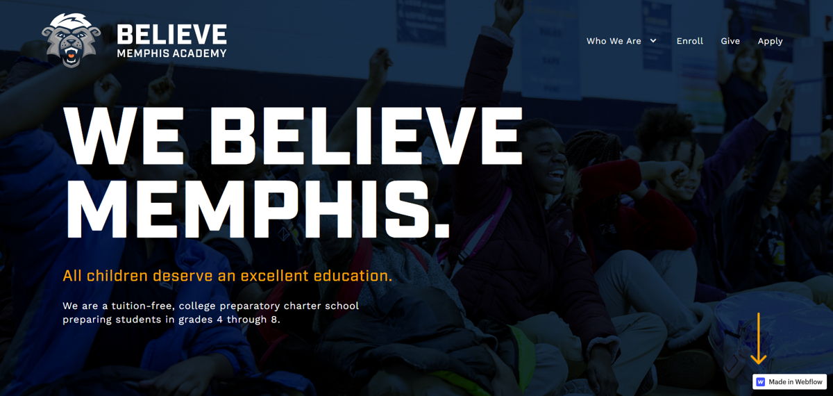 Screenshot of Believe Memphis Academy, from the school websites collection.