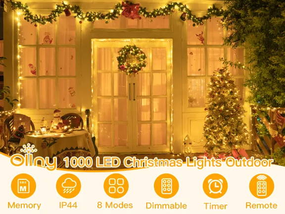 Features of Ollny's 800 leds clear cable cool white string lights - mobile size